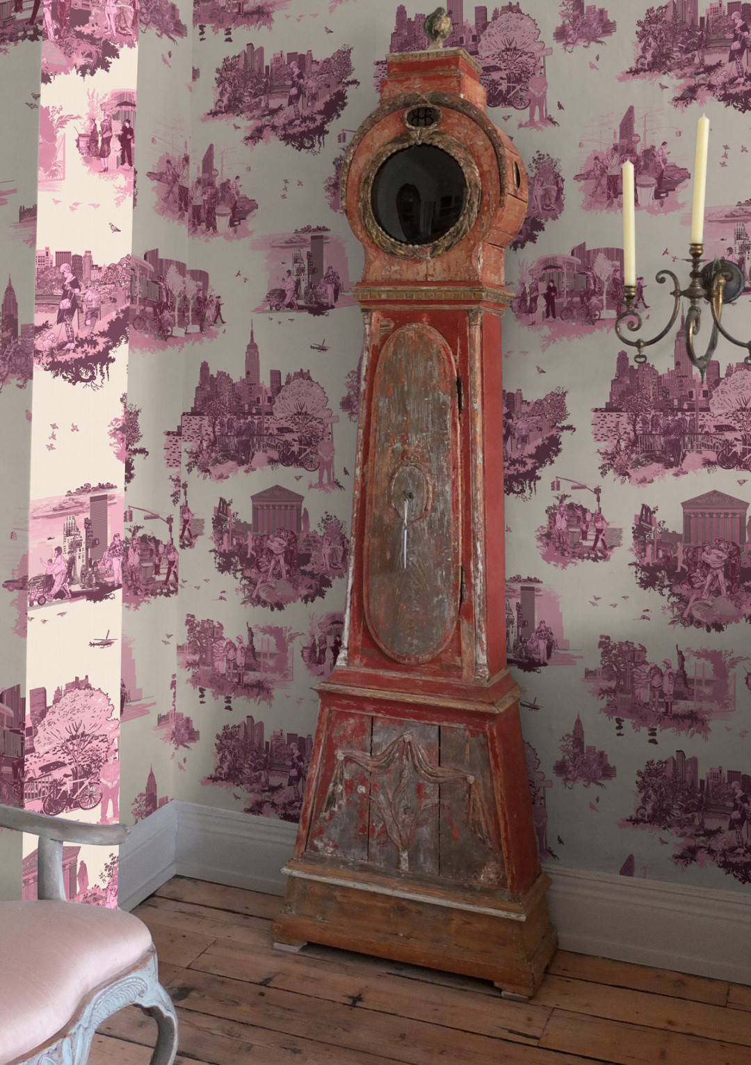 Pink toiledeJouy wallpaper and pink rolltop bath in ensuite bathroom  Stock Photo  Alamy