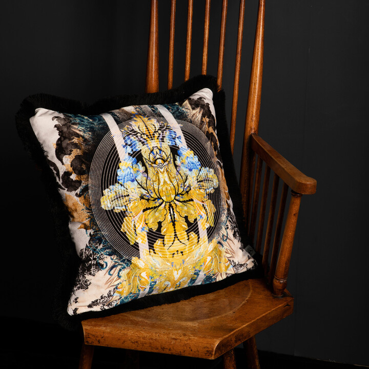 Totem Damask Black & Blue Fringed Velvet Cushion / image 3