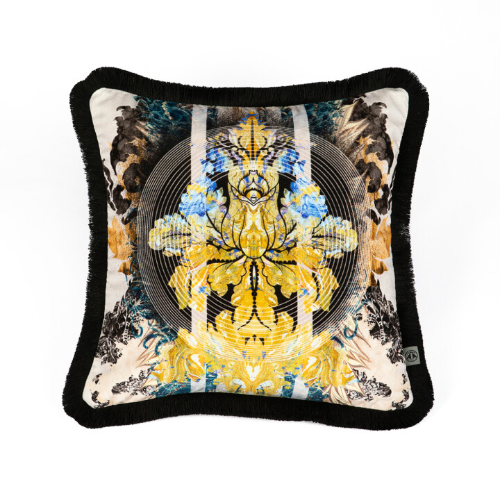 Totem Damask Black & Blue Fringed Velvet Cushion / image 1