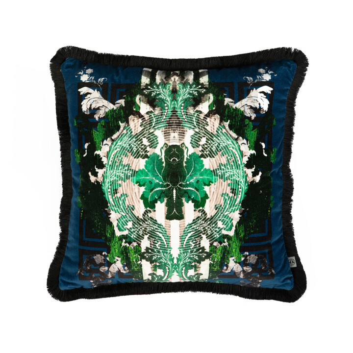 Totem Damask Navy And Green Fringed Velvet Cushion