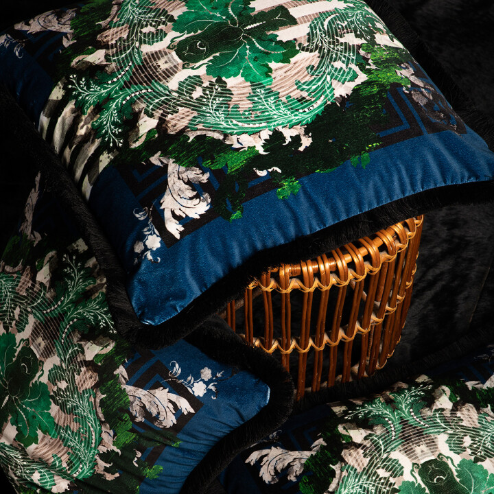 Totem Damask Navy & Green Fringed Velvet Cushion / image 3